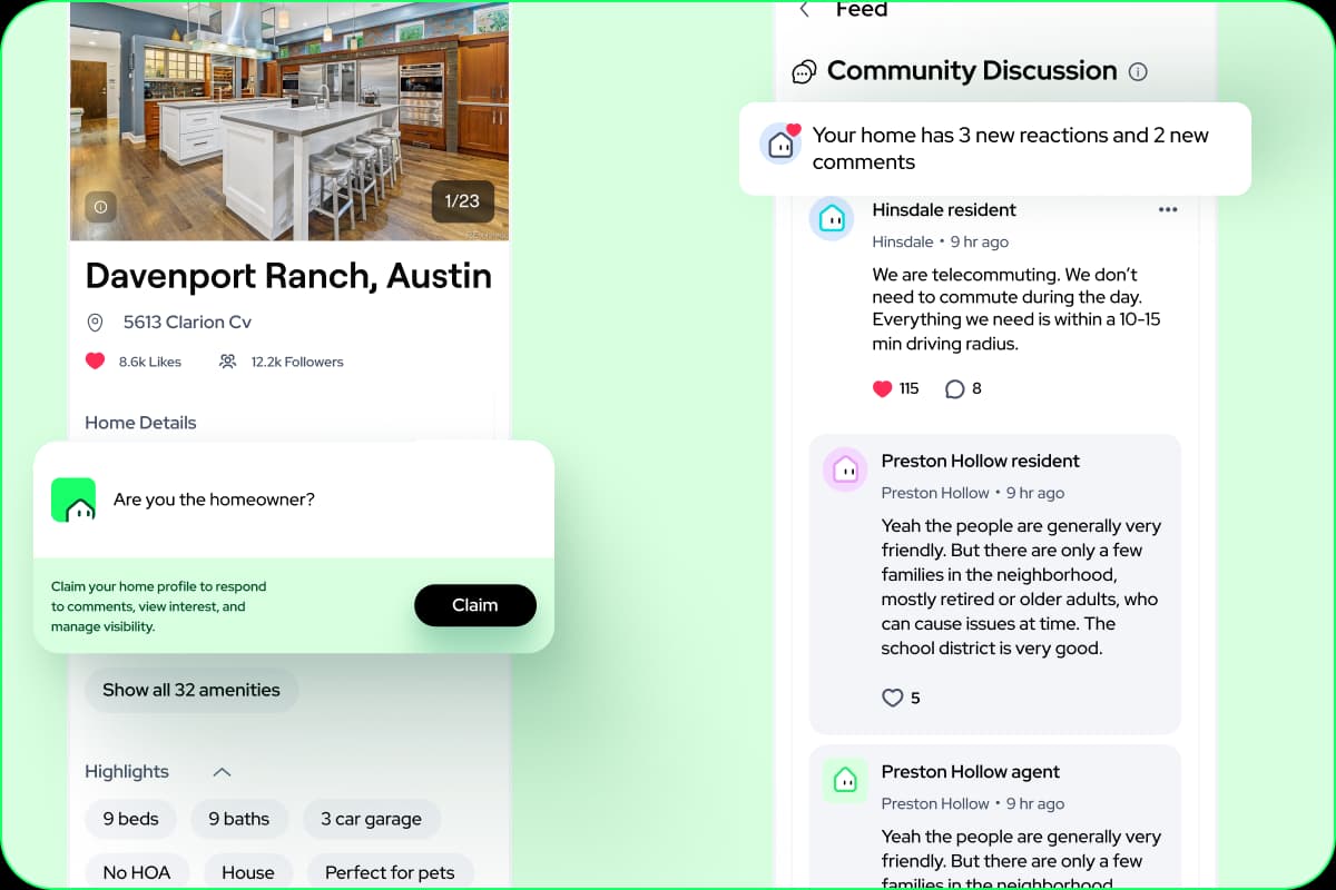 Mayberry app showing homeowner dashboard with interest signals